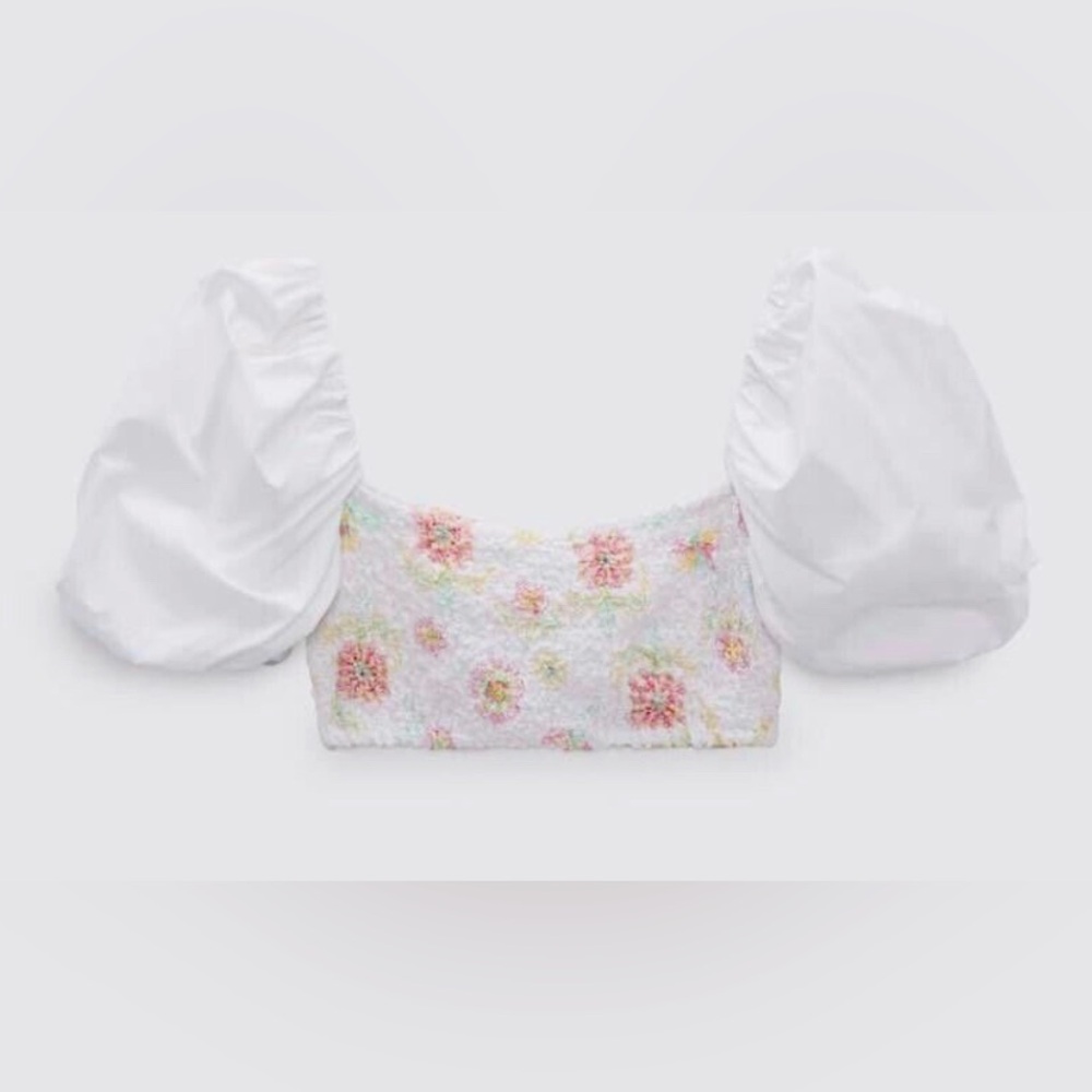 Zara Floral Poplin Crochet/Smocked Crop Top